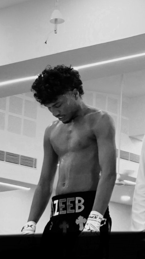 Boxer after training, black and white